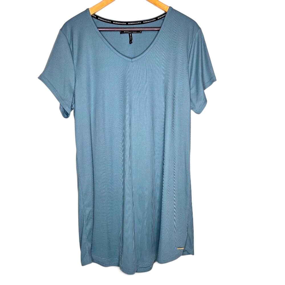 BCBGMaxAzria Ribbed V Neck Long Shirt Women's Lightweight Everyday Casual XL